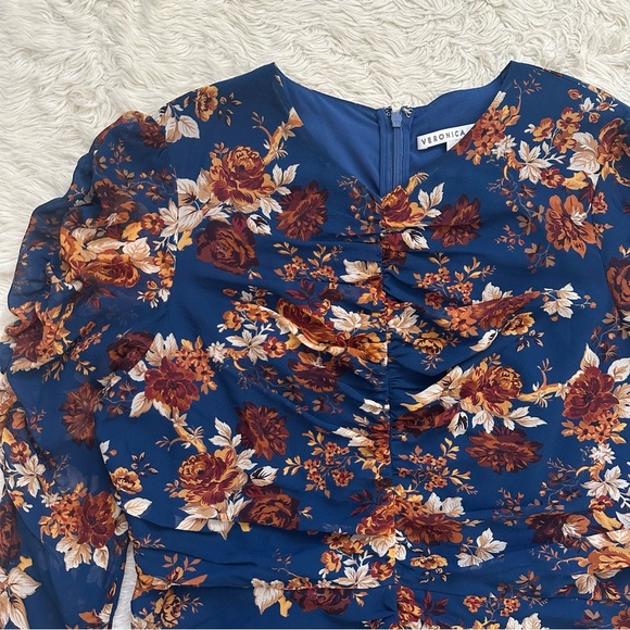 Veronica Beard Dress Hedera Ruched Silk Ruffle Mini Floral Electric Blue Sz 16 - Picture 4 of 12